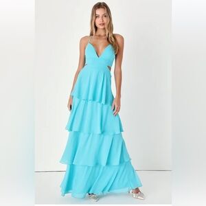 NWT Lulus Tier and Now Blue Tie-Back Tiered Maxi Dress